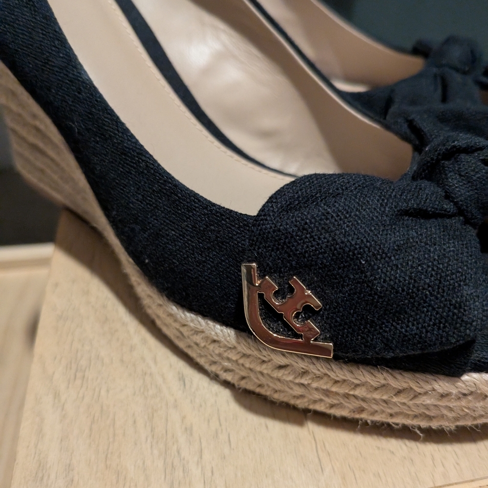 Tory Burch Black Canvas Peep Toe Wedge Pumps - Picture 3 of 10